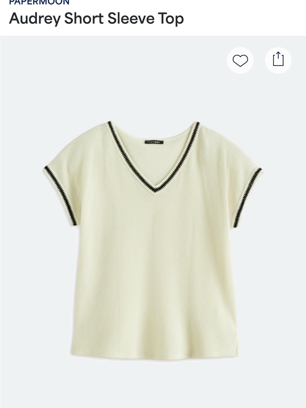 Papermoon Cream V‑Neck Short Sleeve Top with Black Trim